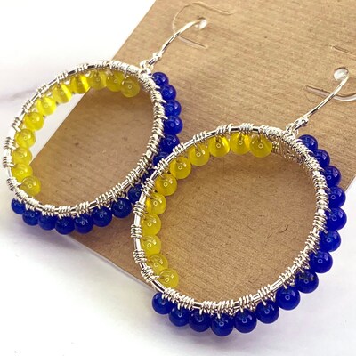Inside-Out Beaded Blue and Yellow Onyx Hoop Earrings (Small) — E-0226yb - image3
